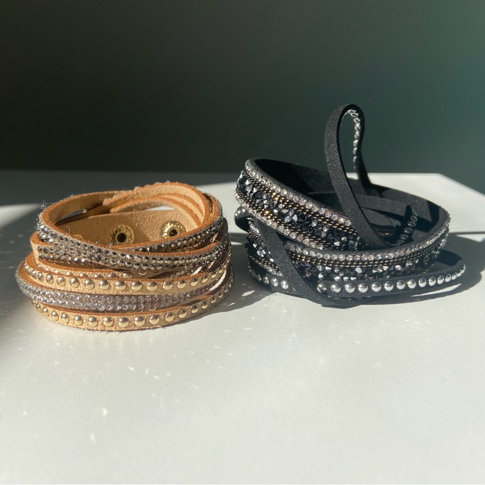 Bedazzled, studded bracelet pair (one tan, one black) - maybe a choker